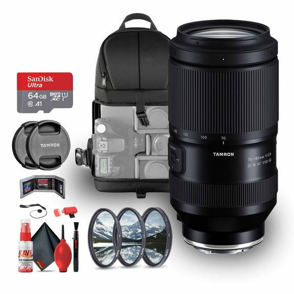 Tamron 70-180mm F/2.8 Di III VC VXD G2 Lens for Sony E (AFA065S-700) Bundle Including 64 GB Memory Card, 3-Piece Filter Kit, Backpack, Card Reader, Card Wallet, Full Cleaning Kit, Lens Caps