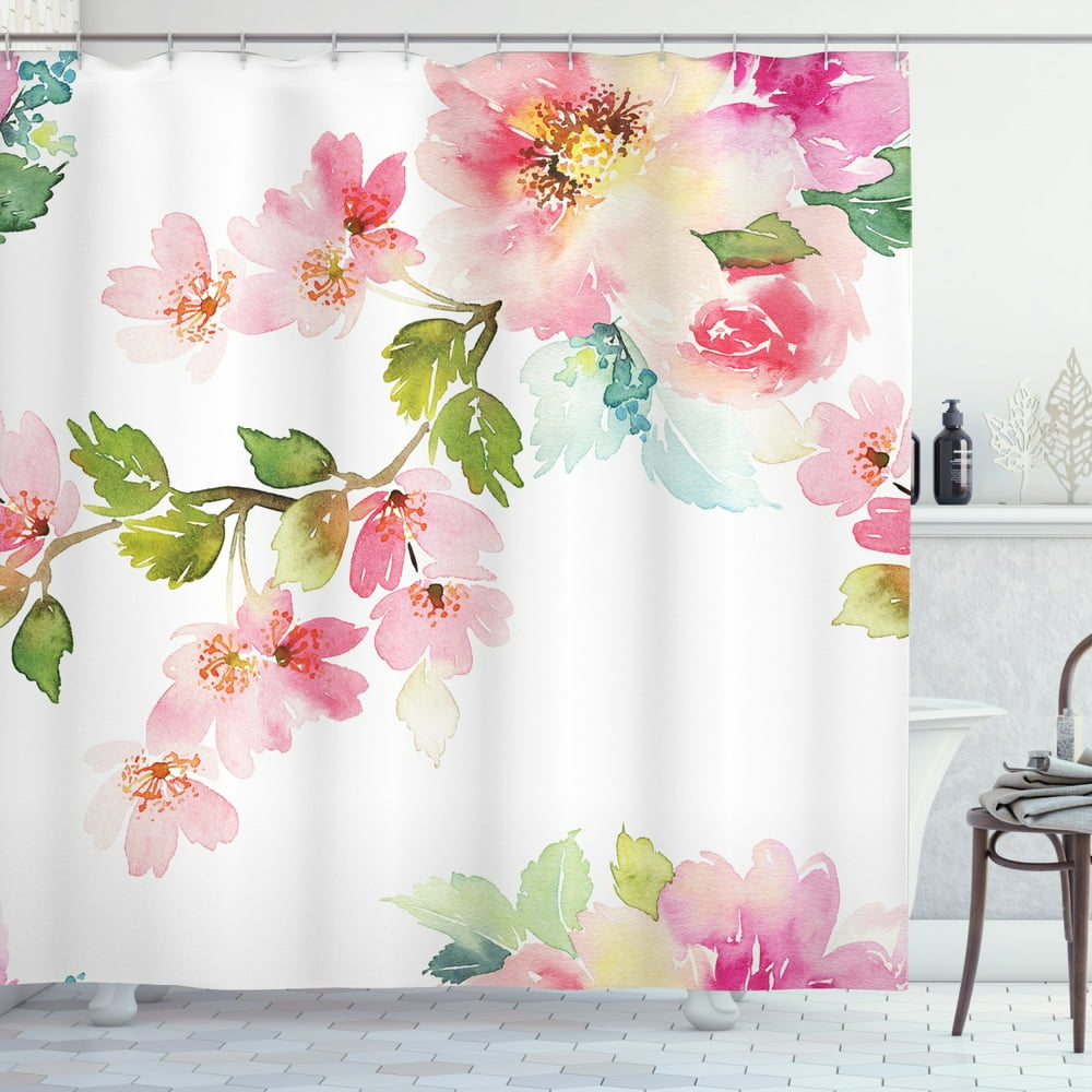 Floral Shower Curtain, Romantic Spring Garden Flowers Blooming on