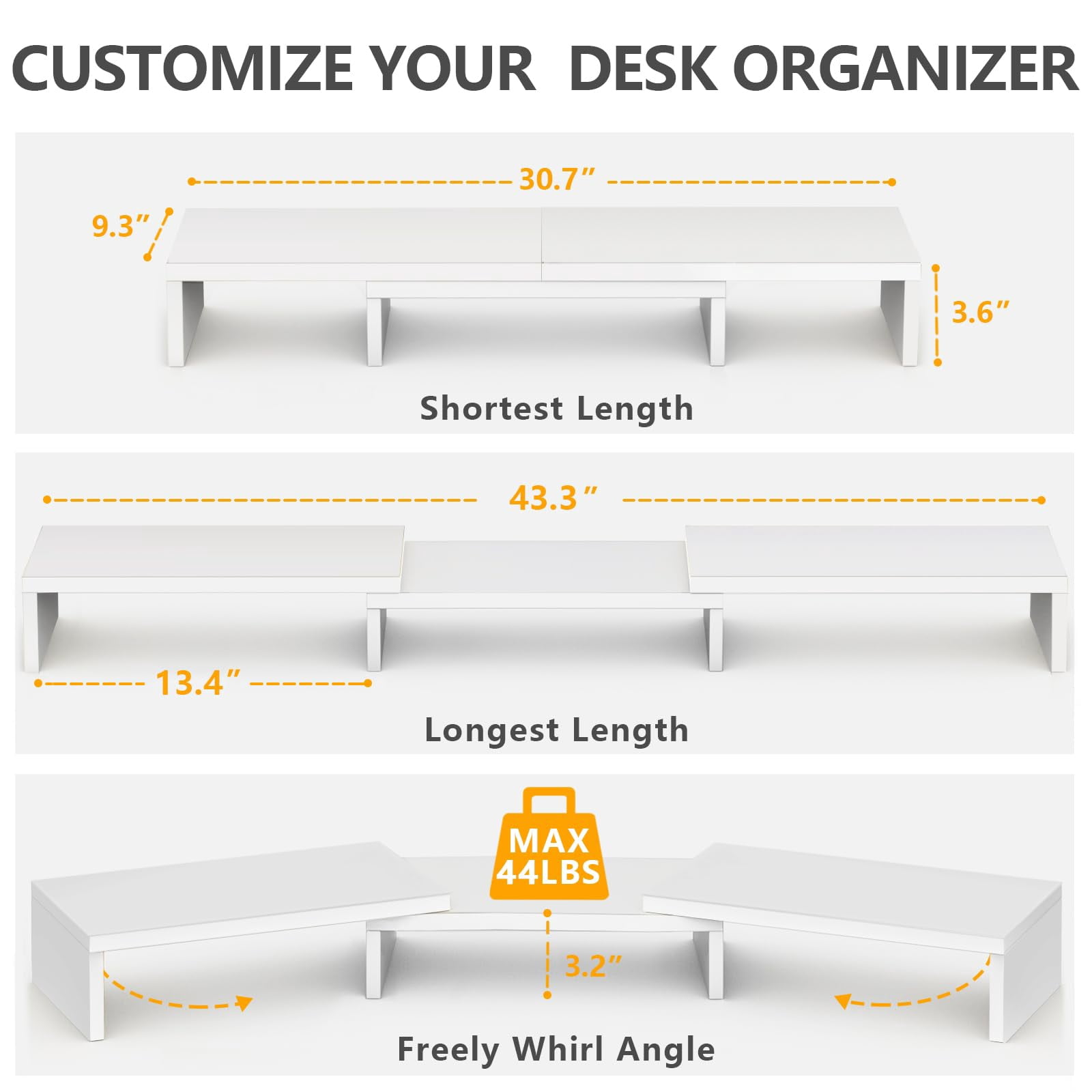 Dual Monitor Stand Riser  Computer Stands For 2 Monitors Extra Long Multifunctional Desktop Organizer Laptop Pc Printer Tv Max 43.3" Length White