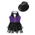 thumbnail image 3 of YONGHS Kids Girls Sequins Tassel Hem Dress Rumba Samba Salsa Cha Cha Latin Jazz Leotard with Hat Set Purple&Black 16, 3 of 5