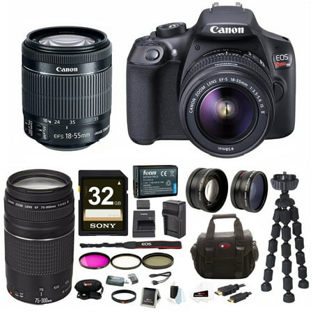 Canon EOS Rebel T6 18.0 MP DSLR Camera w/ 18-55mm & 75-300mm Lenses & Gadget Bag with 32GB SD Card