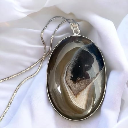Natural Black Banded Agate Pendant for Women, Black Banded Agate Gemstone Necklace, Gemstone Necklace With Chain, Wedding Jewelry for Bride