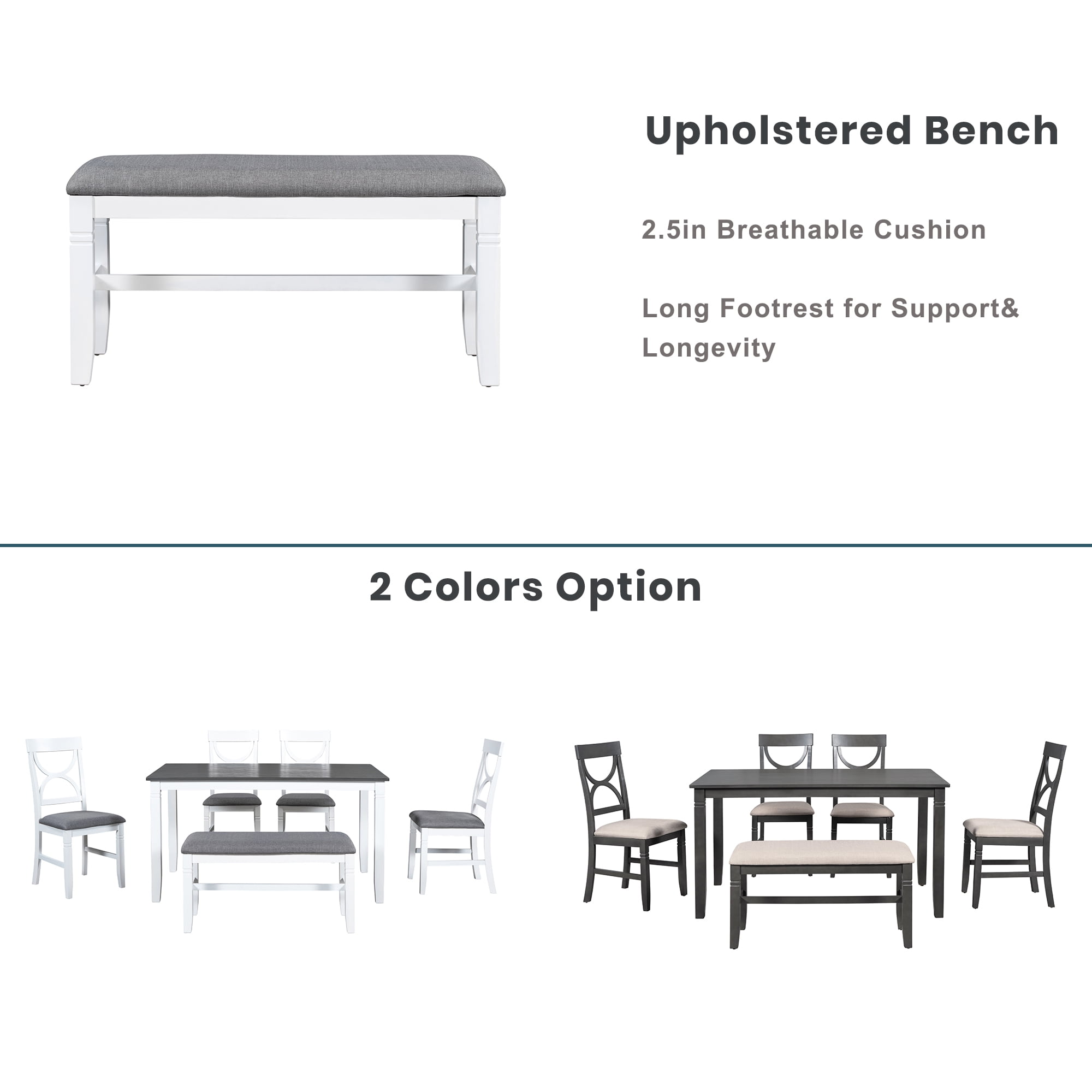 Harper & Bright Designs Farmhouse 6 Pieces Dining Table Set for 6, Solid Wood Kitchen Table Set with 4 Upholstered Chairs and Bench, White