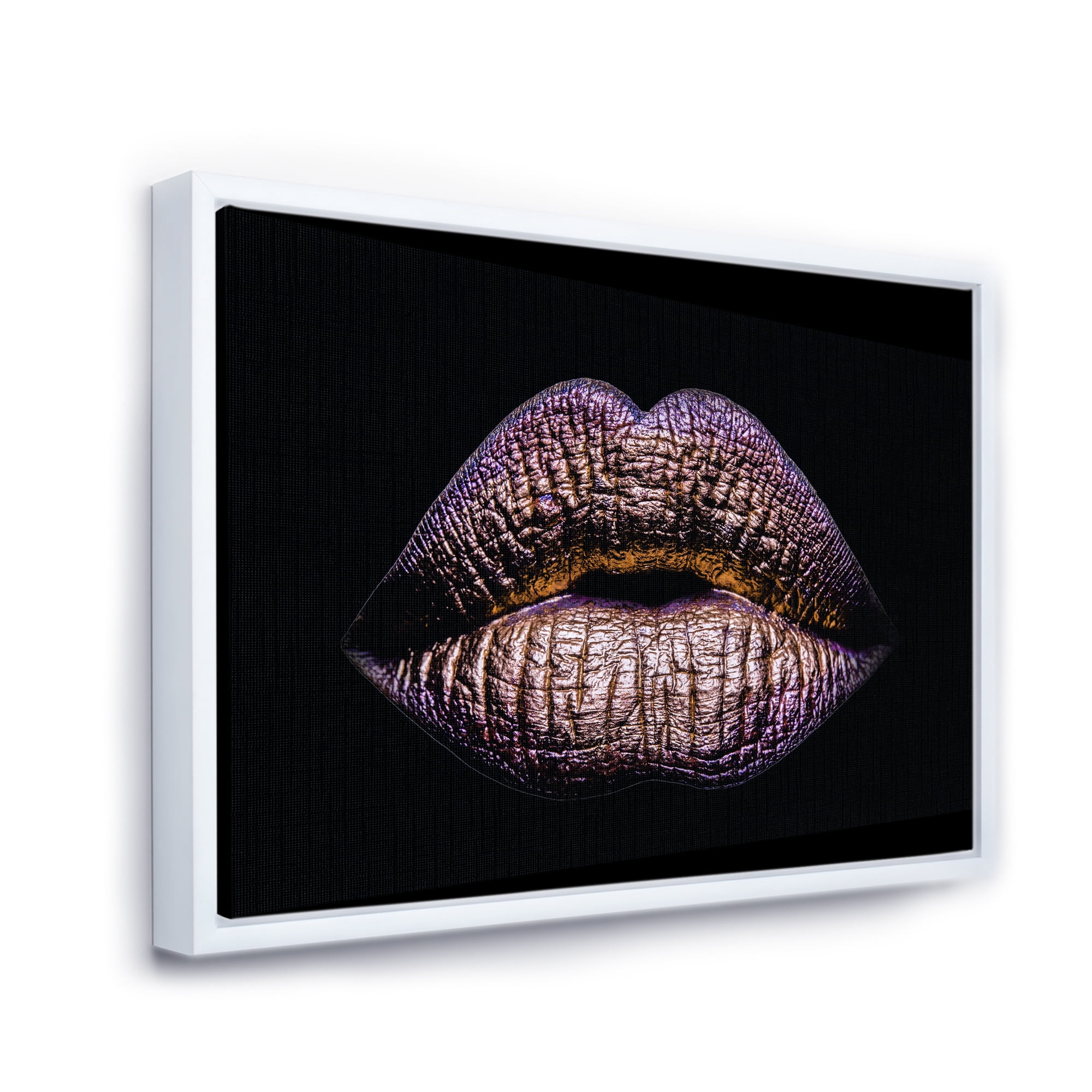 Designart 'Sexy Golden Metallized Woman Lips V' Modern Framed Canvas Wall Art Print