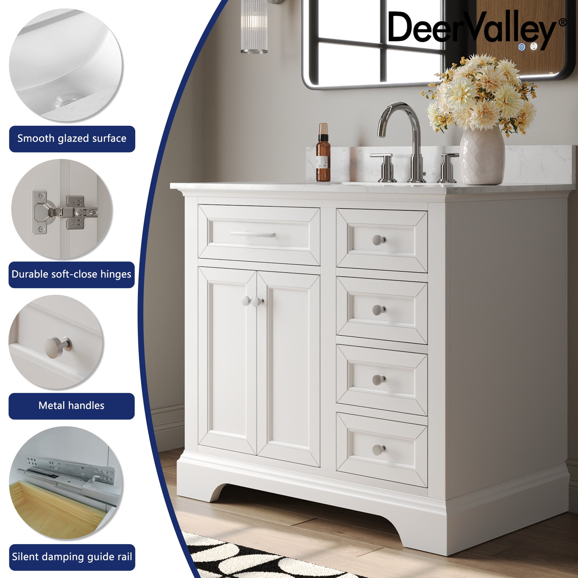 DeerValley Heritage 36" Pre-Assembled Bathroom Vanity Set with Ceramic Sink, White Cabinet & 3.9" Backsplash, DV-1BV0155W