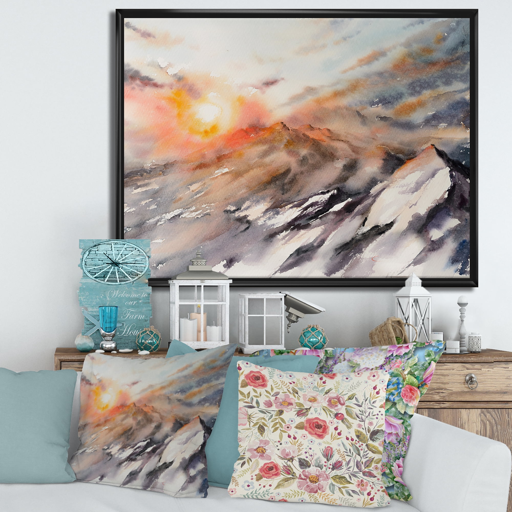 Designart 'Majestic Sunset Glow on The Mountains Landscape' Traditional Framed Canvas Wall Art Print
