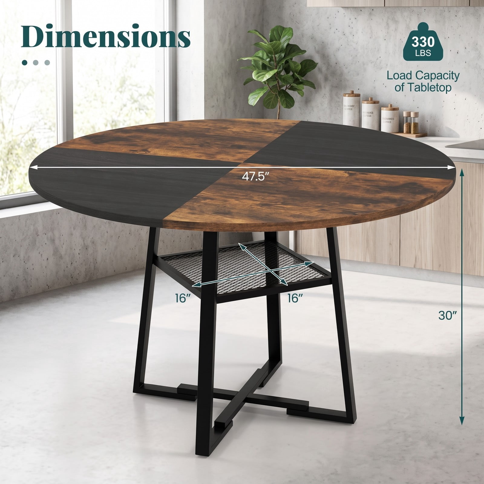 Furnibear 47.5" Round Dining Table for 4-6 with Storage Shelf, Metal Legs and Rubber Wood Frame, Farmhouse Kitchen Dinette Table with Mesh Shelf for Home, Rustic Brown