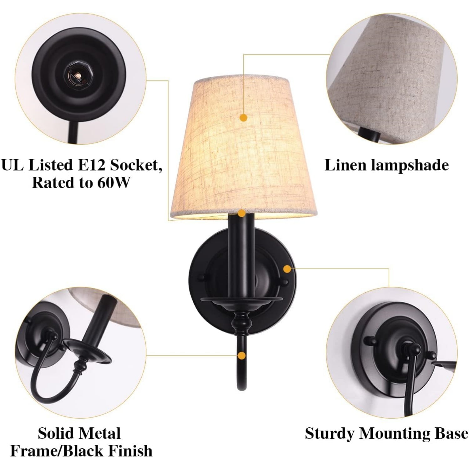 Black Wall Sconces Set of Two, Modern Candle Sconces Wall Lighting Industrial Wall Light Fixtures with Fabric Lampshade, Bedside Wall Lamps for Bedroom Living Room Hallway Entryway Porch