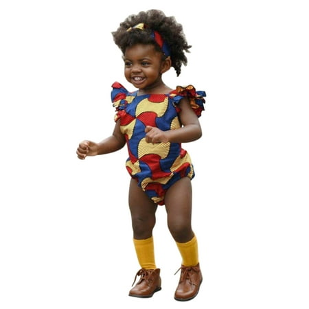 

Baby Girls Bodysuits Girls African Traditional Style Fly Sleeve Romper Ankara Backless Bodysuits Headbands Outfits 3-18M
