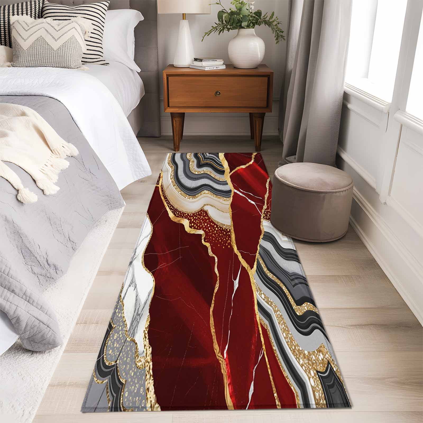 Red Gold Marble Runner Rugs 2x6 ft Glitter Geometric Marble Foil Texture Washable Hallway Rugs Non-Slip Floor Mats Absorbent Carpet Bedside Runners for Bedroom Kitchen Bathroom Laundry Room