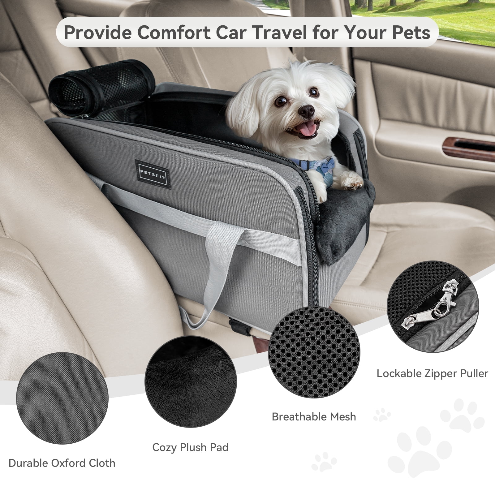 PETSFIT Multipurpose Center Console Dog Car Seat, Airline Approved Dog Car Carrier with Safety Tether and Pockets, Portable Cat Car Seat, Dog Car Seats for Small Dogs, Cats Up to 9 LBS (Deep Grey)