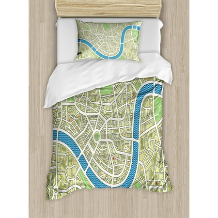 Twin Cities Street Map Map Twin Size Duvet Cover Set, Street Map without Names Metropolis Capital City Downtown Urban, Decorative 2 Piece Bedding Set with 1 Pillow Sham, Avocado Green Lime Green Blue, by Ambesonne ()