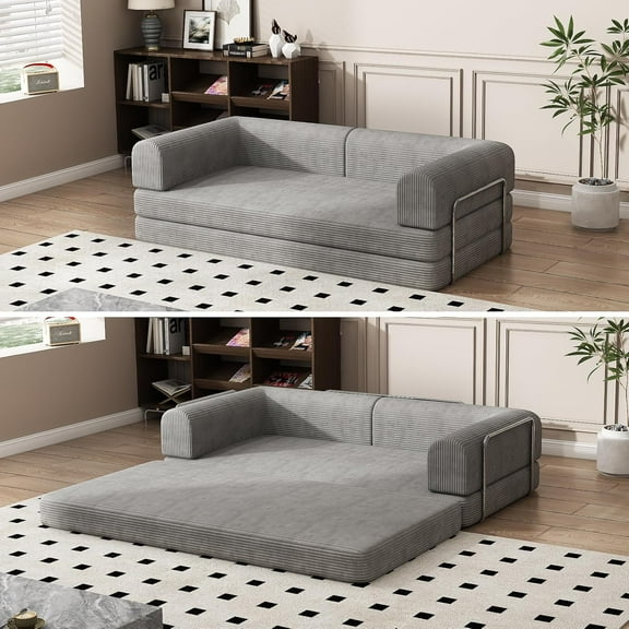 Convertible Corduroy Sleeper Sofa Bed, Folding Mattress Couch with Fixed-Shape Frame, 3 Seater Fold Out King Size Futon, No Assembly Floor Couch for Living Room Dorm Studio, Gray