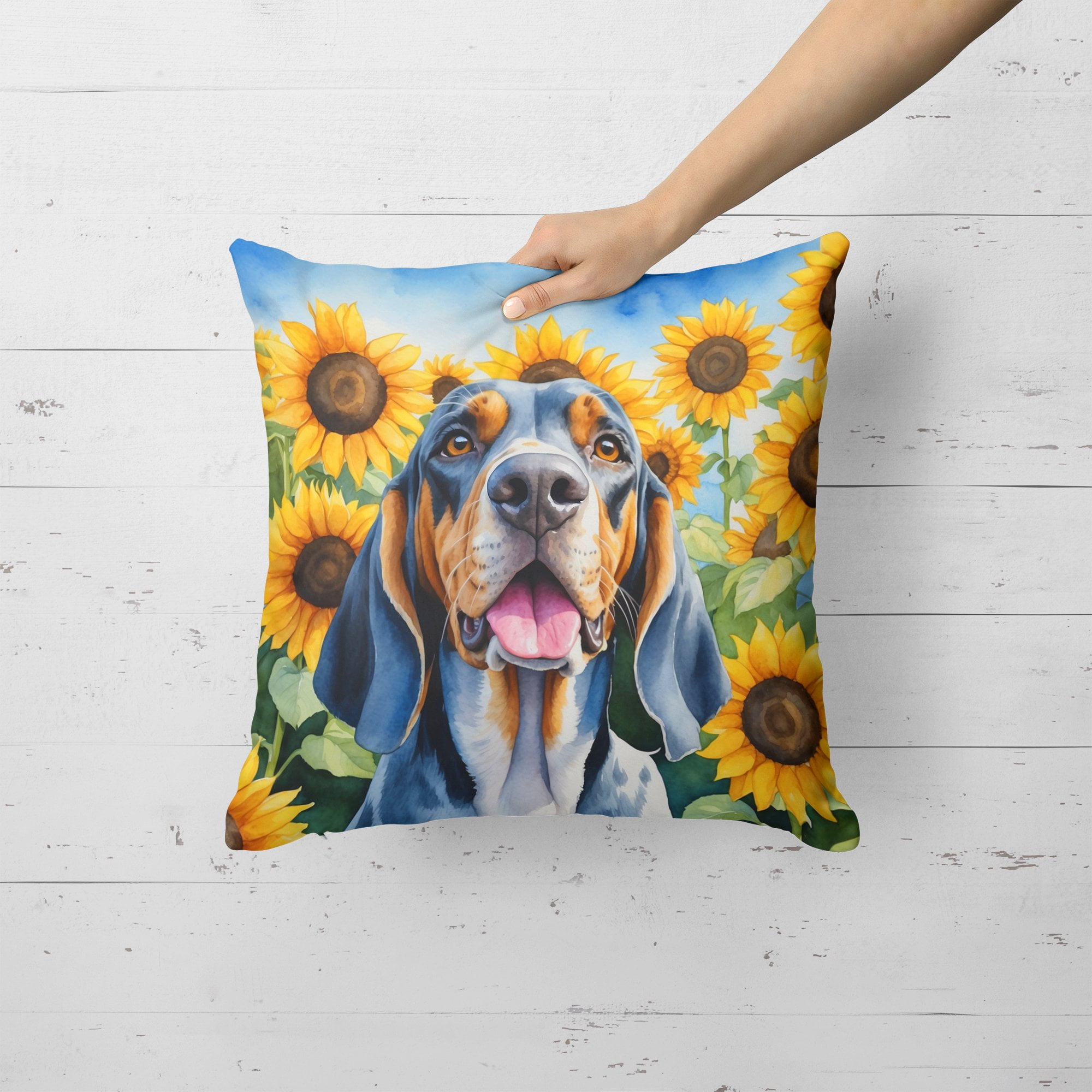 English Coonhound in Sunflowers Throw Pillow 18 in x 18 in