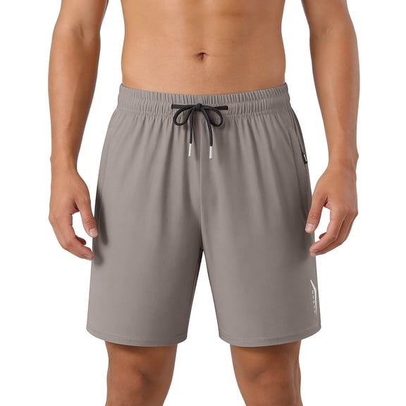 Besolor Men's Plus Size Running Shorts Summer Lightweight Quick Dry Athletic Workout Drawstring Elastic Waist Shorts with Zipper Pockets(X-Large,Khaki1)