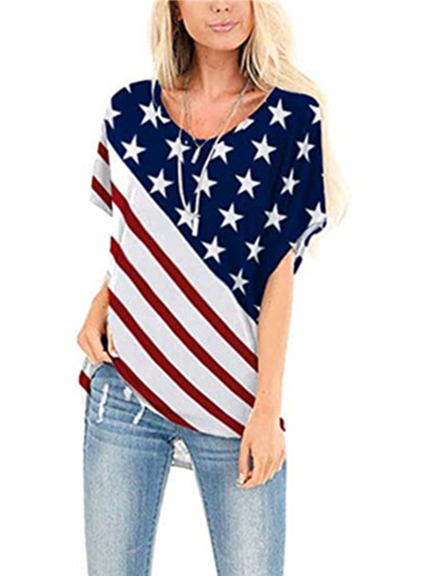 Women Shirts American Flag Print V Neck Mesh Panel Blouse Short Bell Sleeve Top Shirt Graphic Tees Polo Shirts 