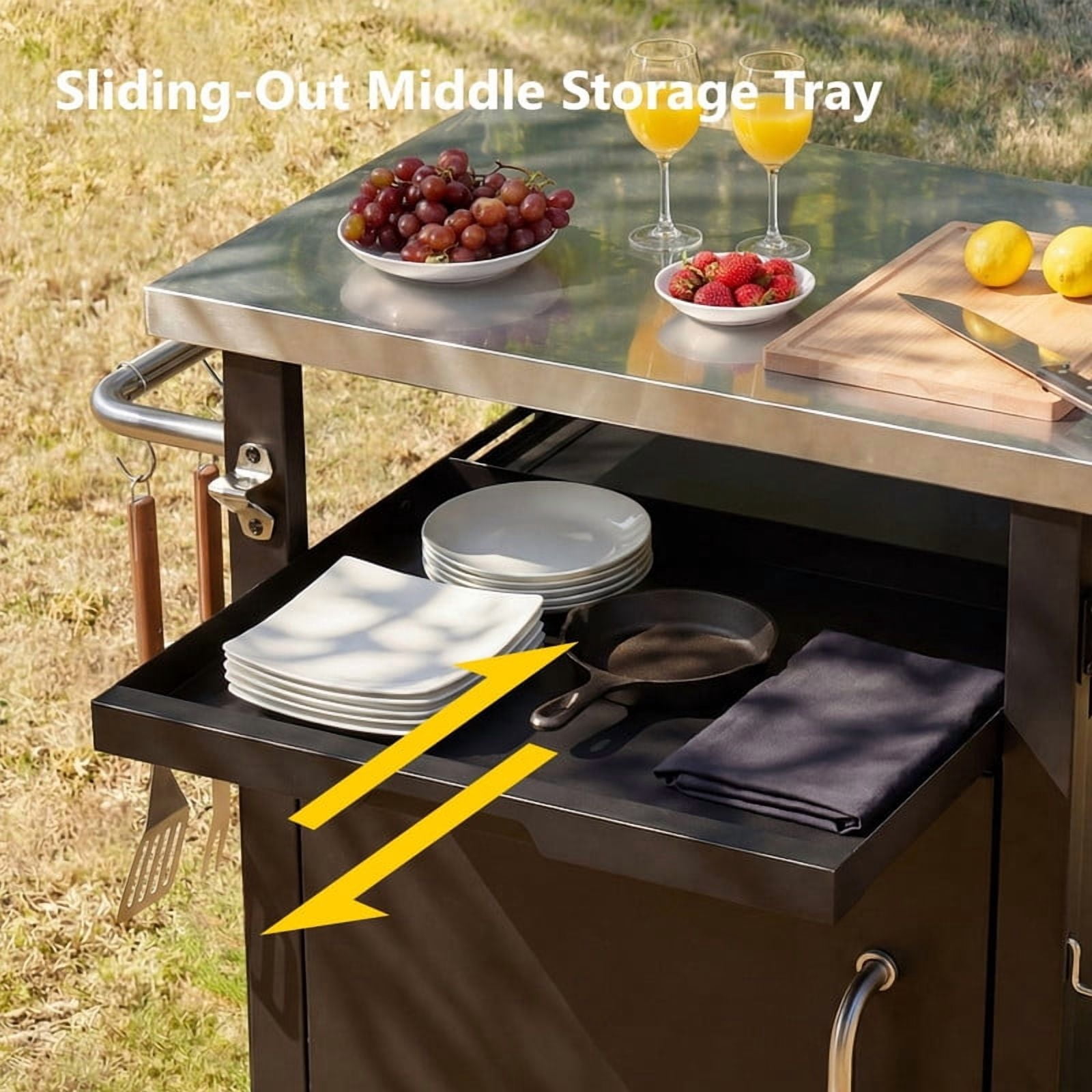Outdoor Grill Cart with Stainless Steel Top, Outdoor Bar Cart Prep Table Pizza Oven Table with Wheels, Spice & Paper Rack