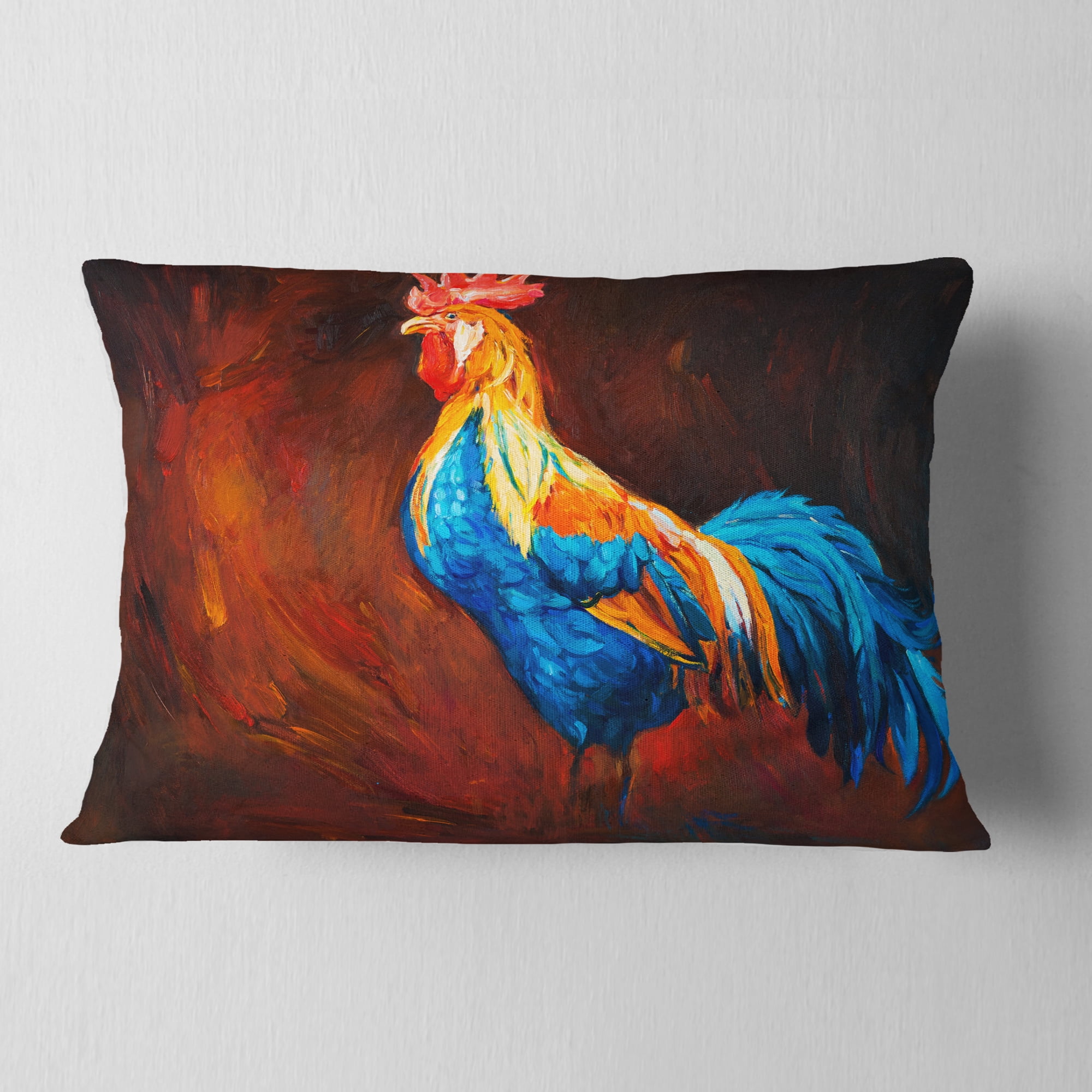 Designart Blue and Orange Rooster - Animal Throw Pillow - 12x20