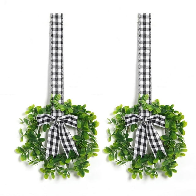 Decorative Boxwood Wreaths with Ribbon - Farmhouse Style Greenery for Kitchen Cabinets, Front Door & Party Decor - Durable Plastic & Rattan Material