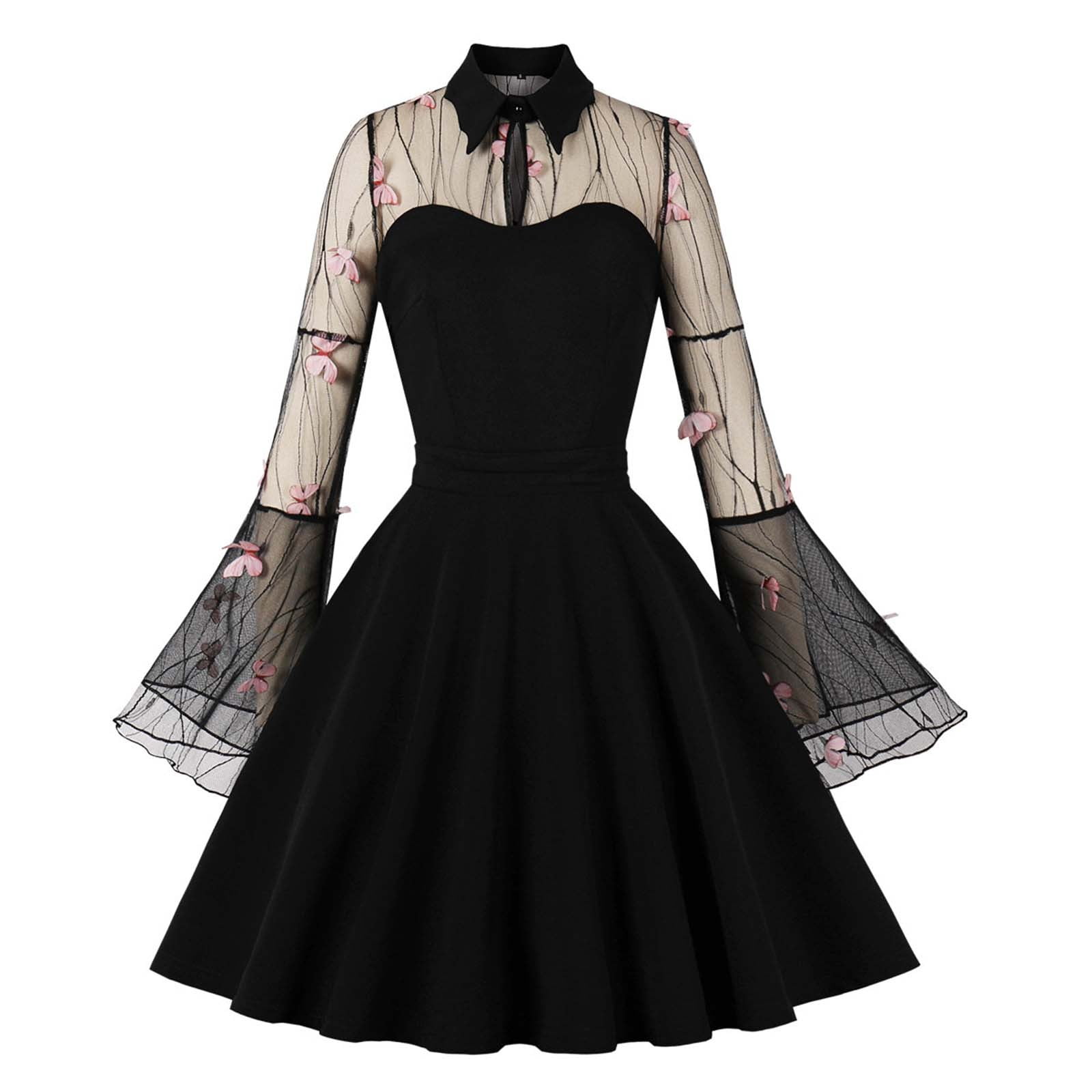 QIPOPIQ Women 3D Butterfly Mesh Floral Embroidery Vintage Cocktail Swing Dress  Illusion 50s Goth Flared A line Casual Wedding Prom Evening Dress Summer  Clearance - Walmart.ca