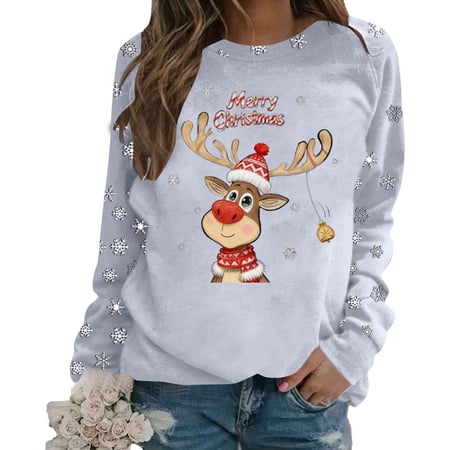 FYEGRE Women s Funny Christmas Sweatshirt Funny and Winter Warm Funny Christmas Jumper Sweatshirt Oversize Round Neck Winter Merry Christmas Sweatshirt Light Gray S