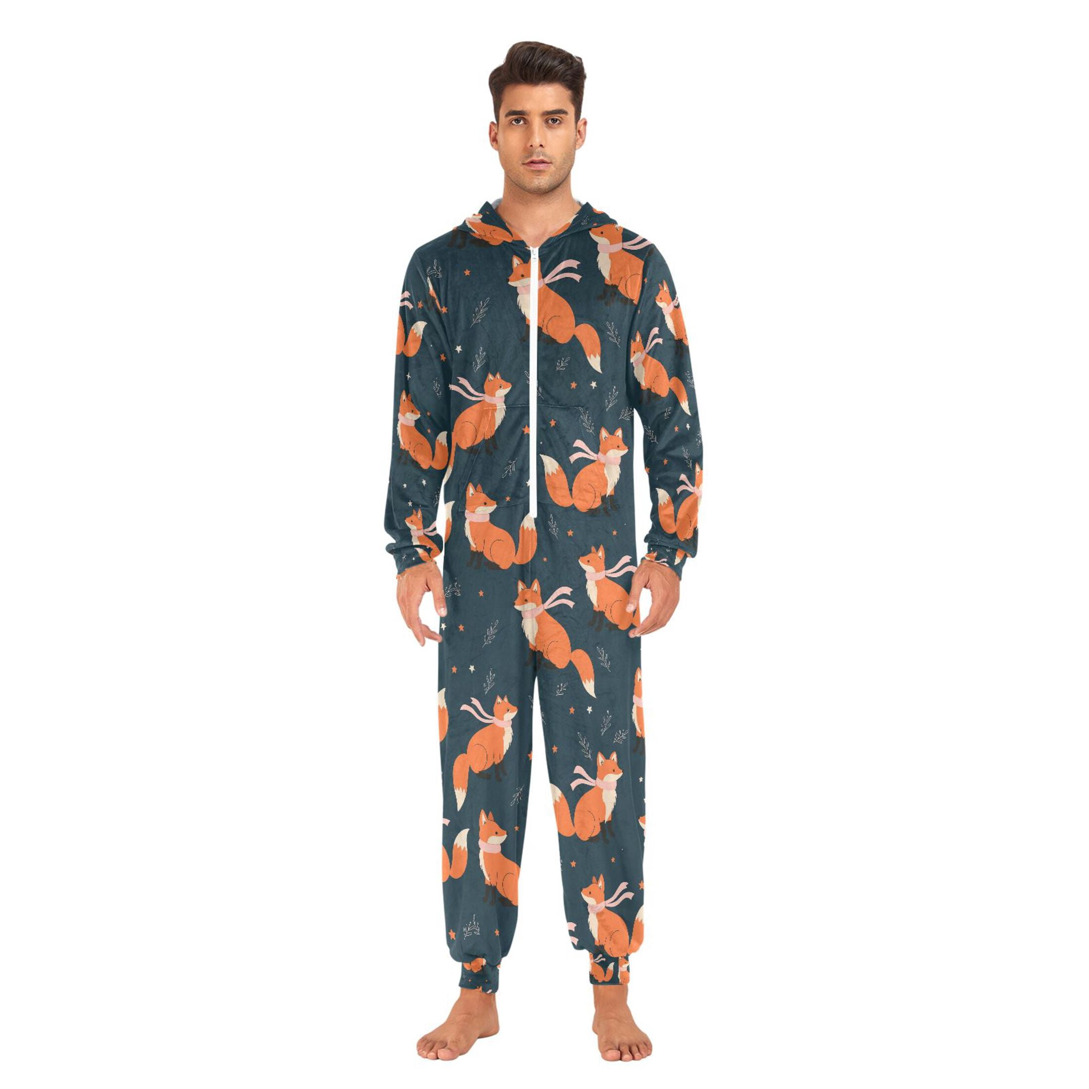 Adult Christmas Onesie Fox with Scarf Adult Zipper One-Piece Pajamas Unisex Pajamas with Pockets