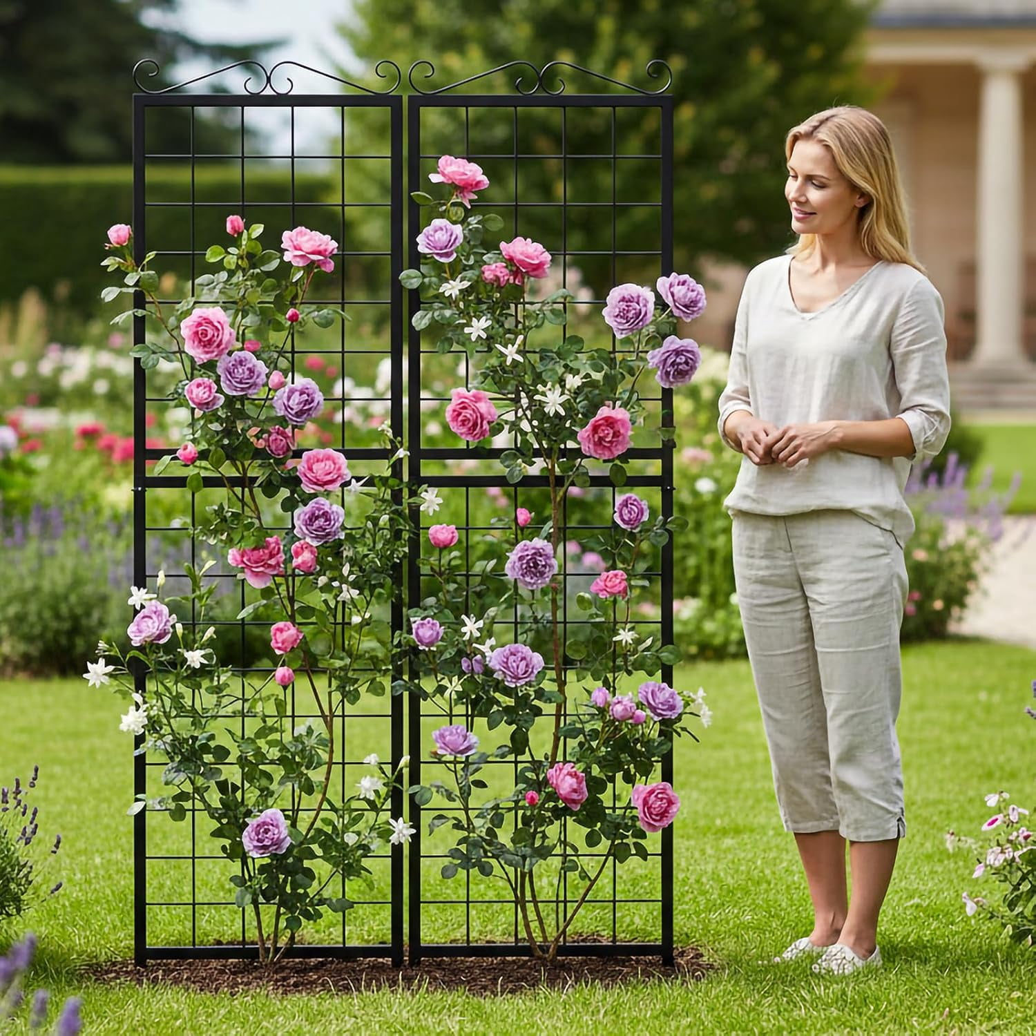 2Pack Metal Garden Trellis for Climbing Plants Outdoor, 71x20in Metal Plant Support for Flowers Tomato Cucumber Rose Vegetable Garden Courtyards Lawns Decoration, Black