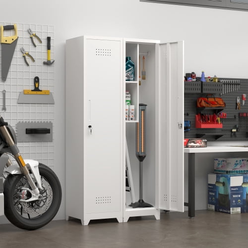 65"H Heavy Duty Steel Tool Storage Cabinet, Garage Storage Cabinets with Ventilated Structure, Storage Locker with Adjustable Hooks for utility room gym and garage, White