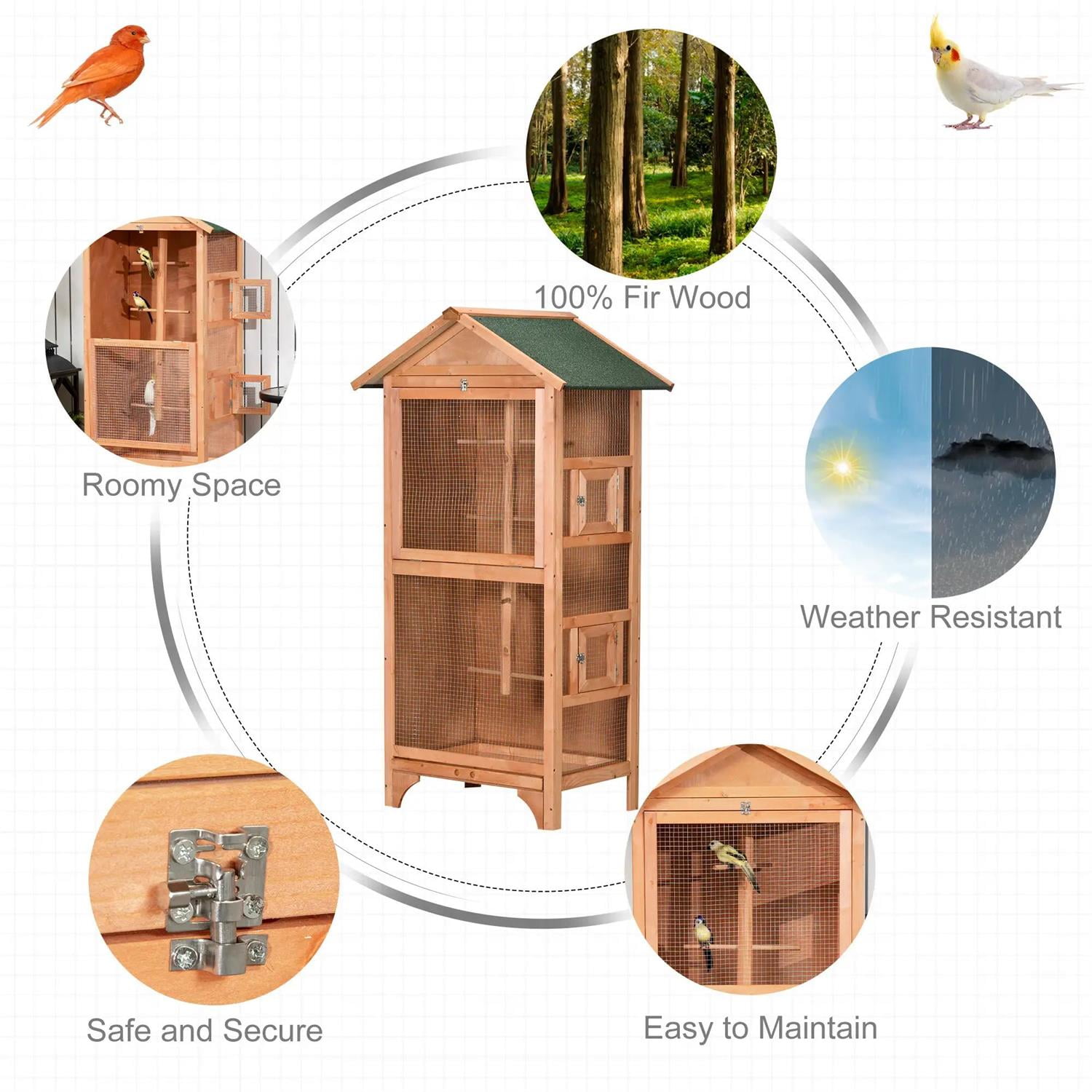 Pefilos Outdoor Bird Aviary, 60" Wooden Birdcage with Removable Bottom Tray and 4 Perch, Ideal for Finches, Parakeet, Orange