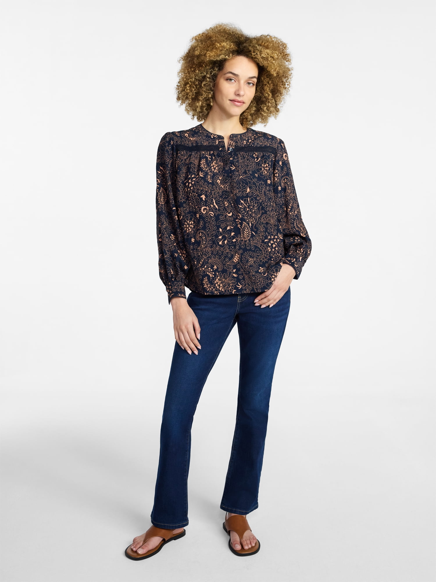 Time and Tru Women's Lace Yoke Shirt with Long Sleeves Sizes XS-XXXL
