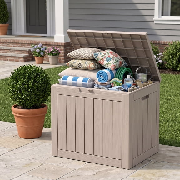 Decksplore 35 Gallon Resin Deck Box, Weather Resistant Outdoor Storage Box for Patio, Tan