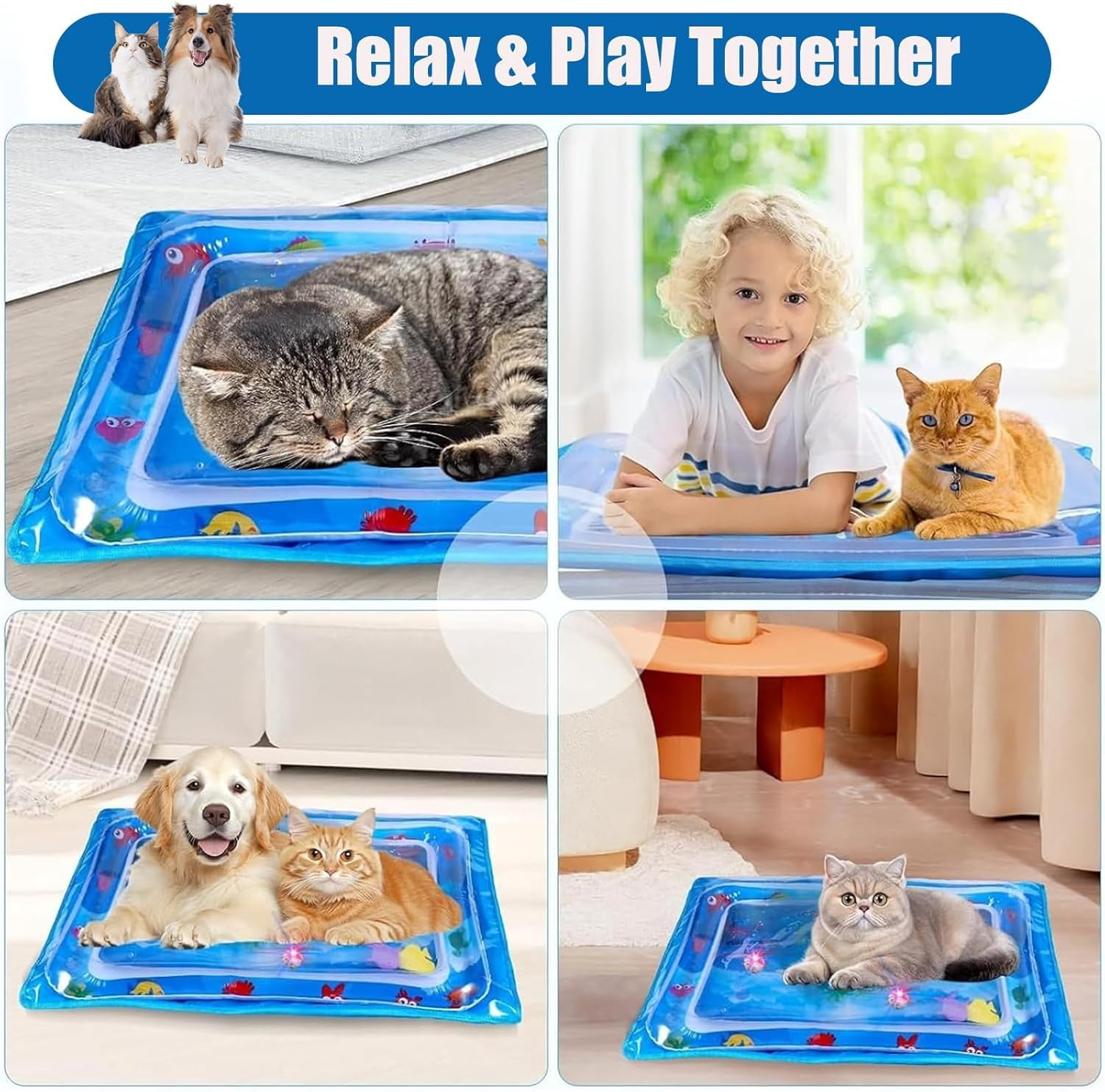 Glow Pad for Cats - 24in Light-Up Water Play Mat with LED Fish Toys, Spill-Resistant Thickened PVC Base for Floor/Tile Floors
