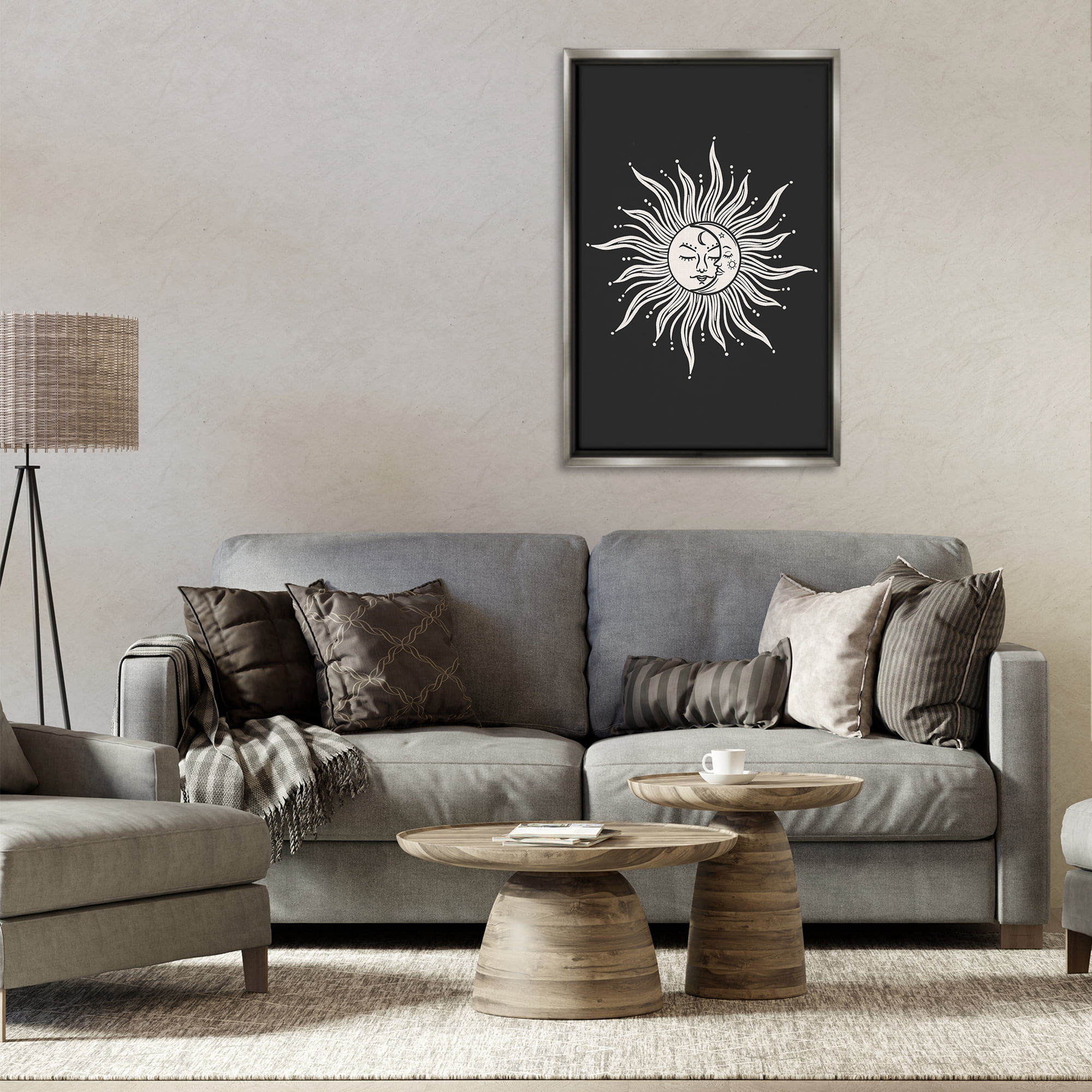 Stupell Industries Celestial Sun on Black Astrology & Stars Painting Gray Floater Framed Canvas Art Print Wall Art, 21 x 31