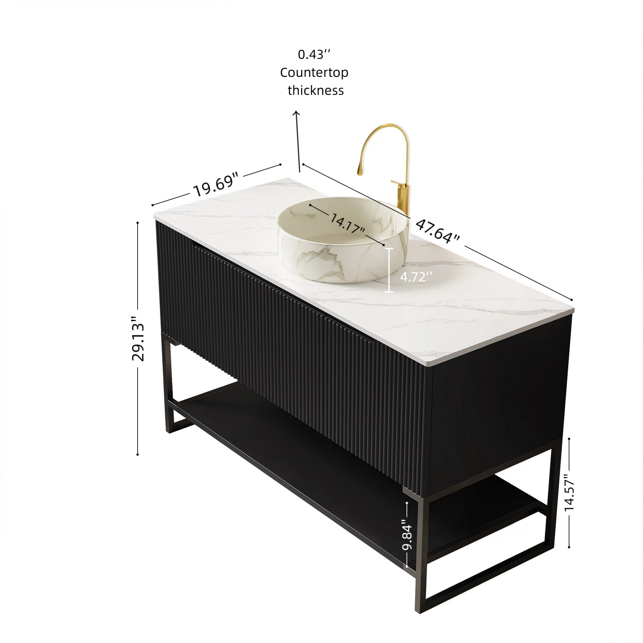 Noble House Tulio 48" Freestanding Bathroom Vanity with Sintered Stone Countertop, Stone Round Ceramic Basin, Black