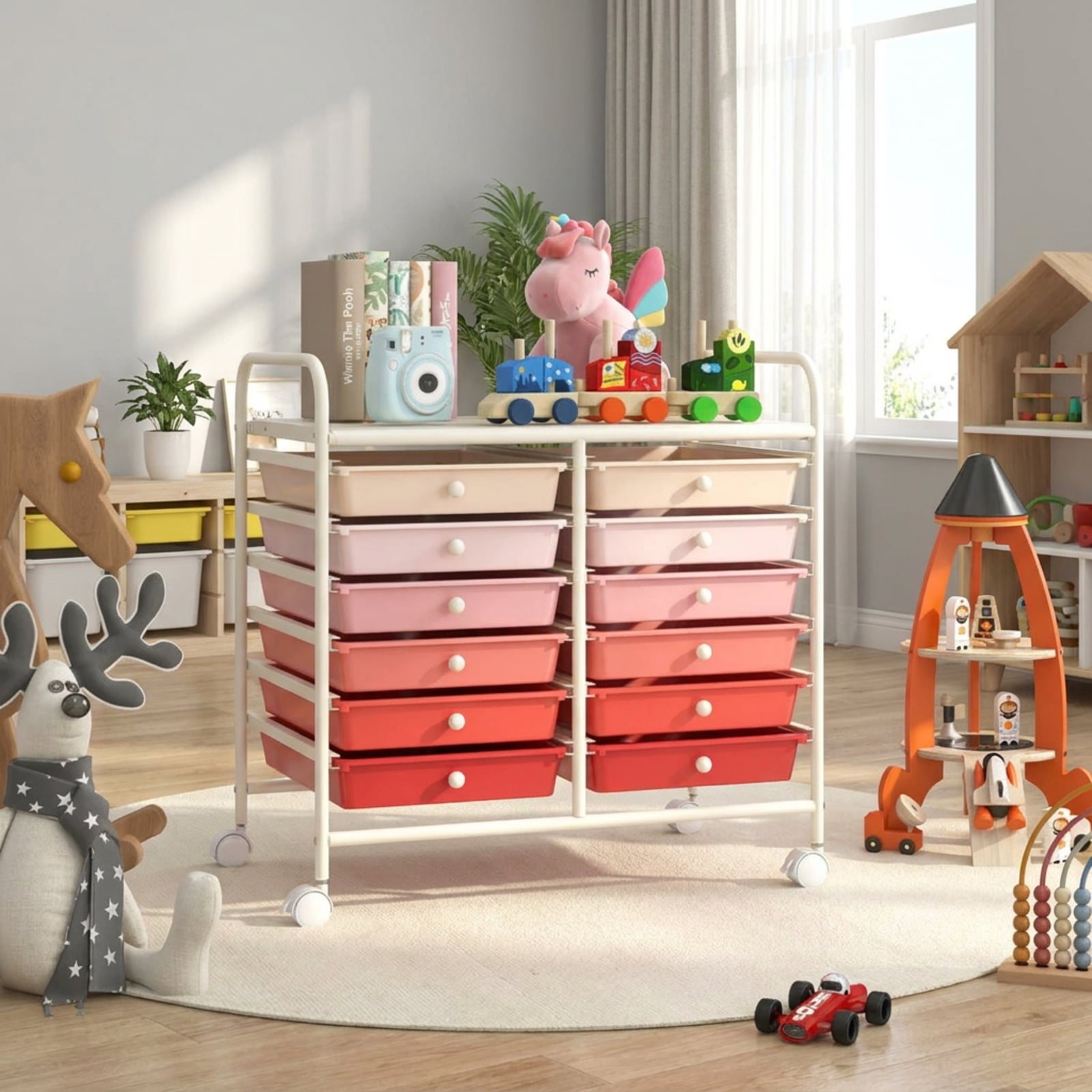 Furnibear 12 Drawers Rolling Storage Cart for Home and Office Multi Organizer for Craft Room Classroom, Pink
