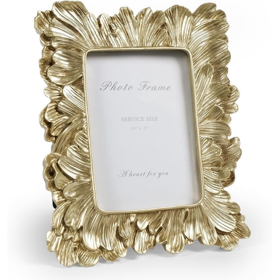 Gold Picture Frame 3x5 Frames, Vintage Gold Palm Leaves Textured Hand-Crafted Resin with Glass Front Elegant Retro Vintage Design Photo Frame for Tabletop Display Home Decor