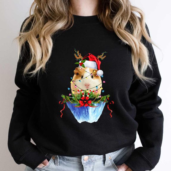 Funny Guinea Pig Reindeer with Christmas Lights Graphic Tee, Pet SW16991 Unisex Sweatshirt, Up to Size 5XL