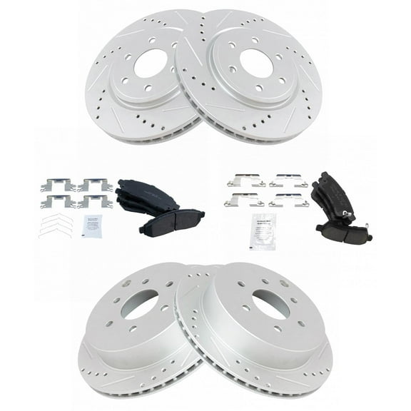 TRQ Front and Rear Performance Brake Pad & Rotor Kit Brake Pads Brake Rotors Set Ceramic Premium G-Coated Fits Select 2005-2021 Nissan Frontier 2005-2015 Xterra 2009-2012 Suzuki Equator