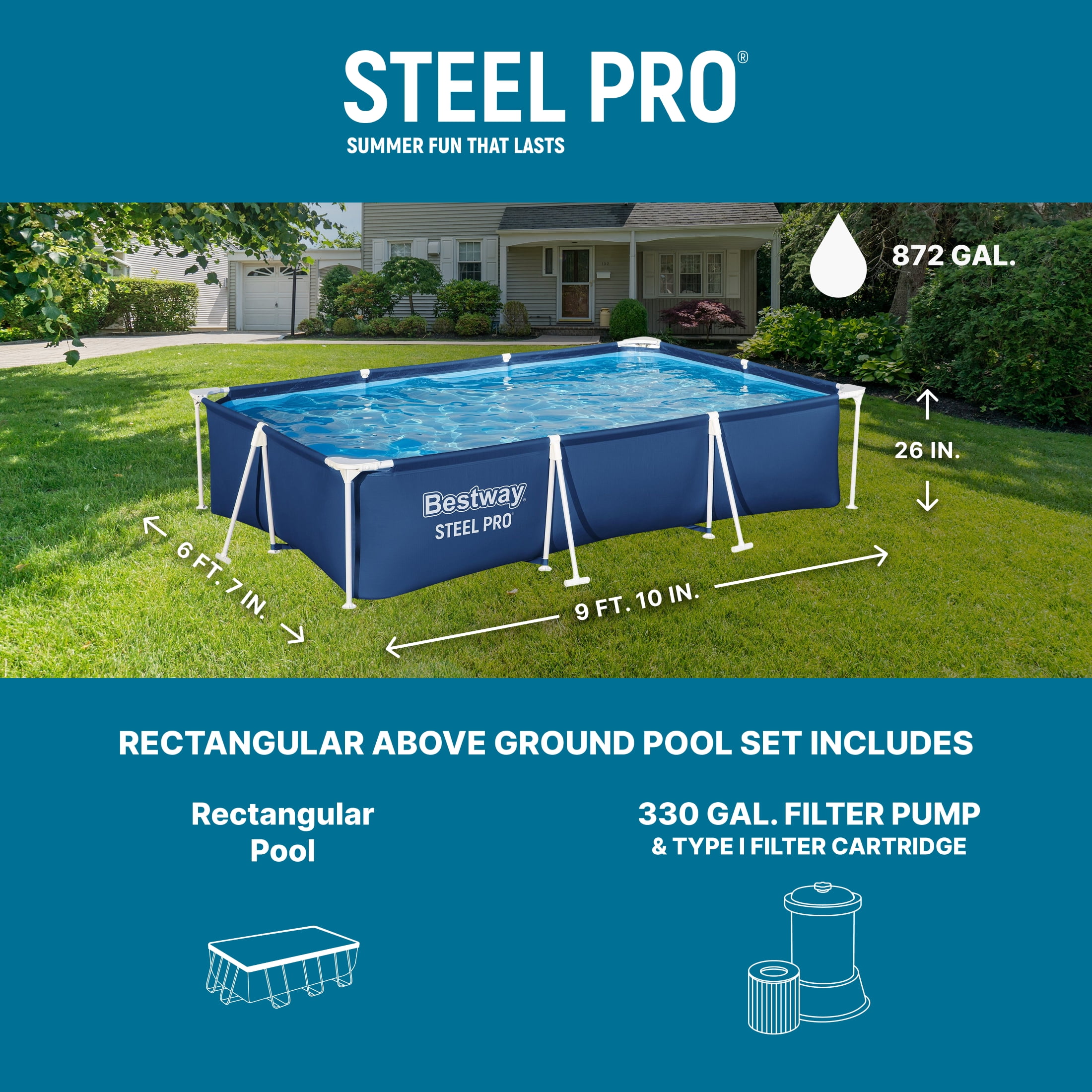 Bestway Steel Pro 9.8' x 6.6' x 26\" Metal Frame Above Ground Pool, Filter Pump & Cartridge