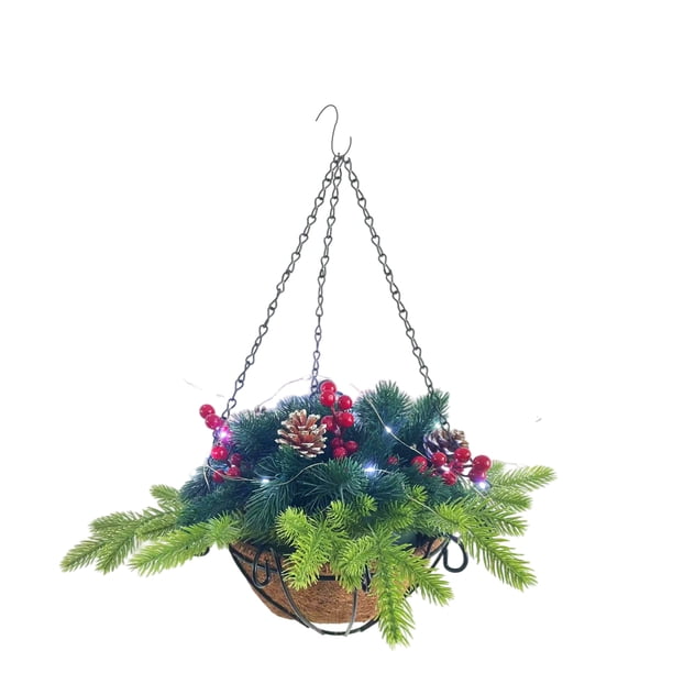 Cesta Colgante De Navidad Artificial Con Conos De Pino, Bayas Rojas, Luces Led Blancas, Decoración Para Jardín De Césped Interior Al Aire Libre Eigraketly HA039026-00