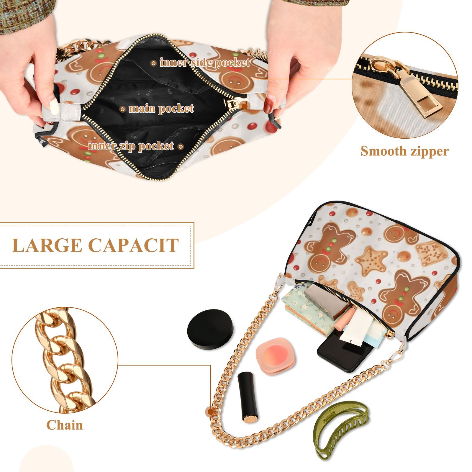 Gingerbread Man CookiesWomen Small Shoulder Bag Crossbody Tote Hobo Bags Purse Clutch Handbags with Chain Strap for Women