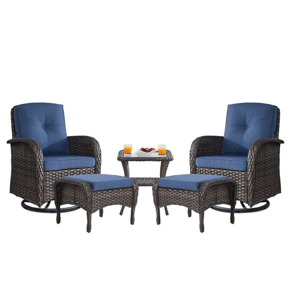 PARKWELL 5-Piece Outdoor Swivel Rocking Chair with Foot Rest,Side Table,360 Degree Swivel Glider Patio Rattan Wicker Conversation Bistro Furniture Sets,Blue