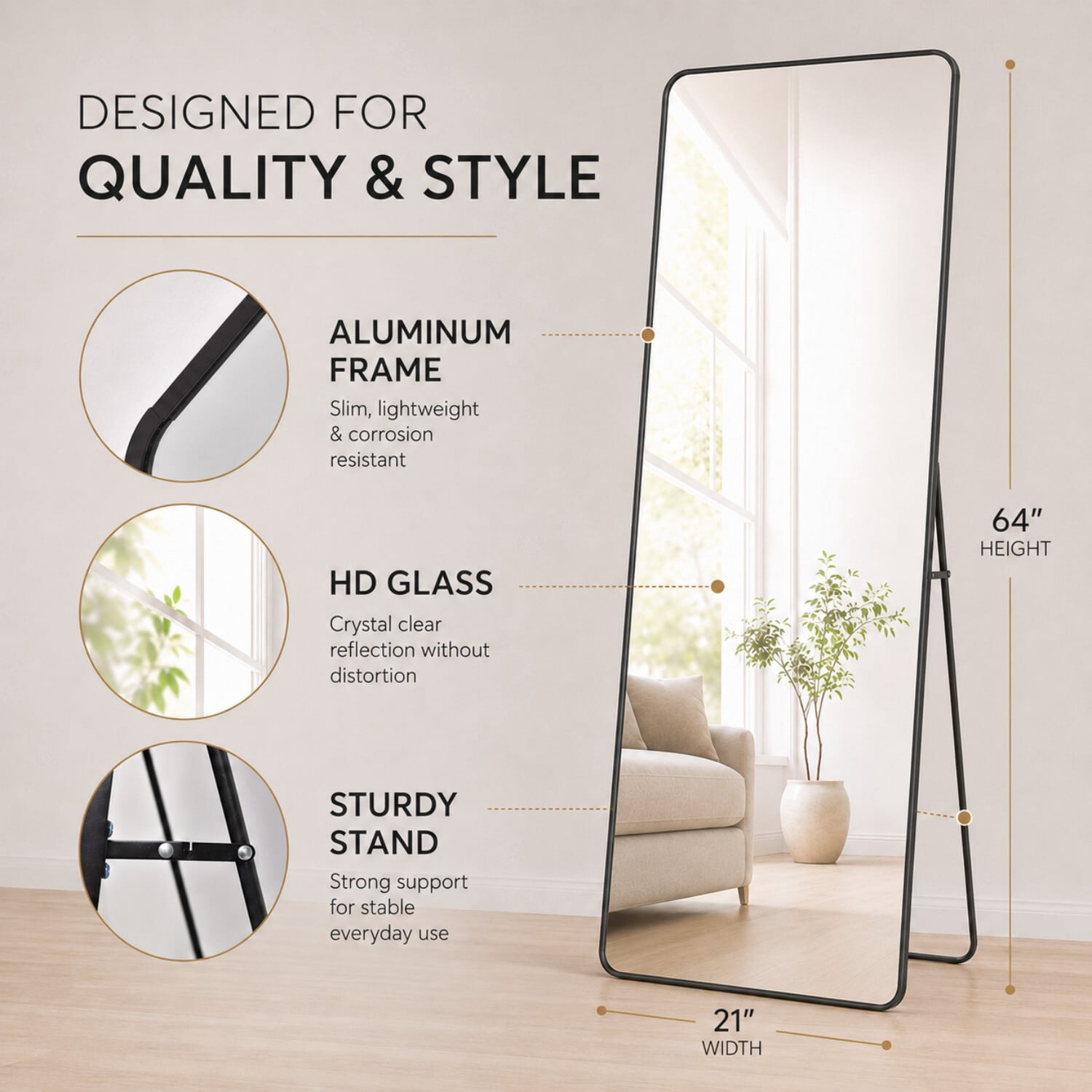 Easy4Home 64"x21" Rectangular Full Length Mirror Round Corner Freestanding Wall Mirror with Metal Frame, Black
