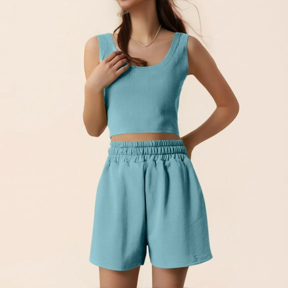 Two Piece Outfits Women Summer Shorts Sets 2 Piece Sleeveless Matching Crop Top And High Waisted Shorts For Women Spandex Shorts Suit Summer Bikini for Women Boy Leg Swimming Suit Women Womens