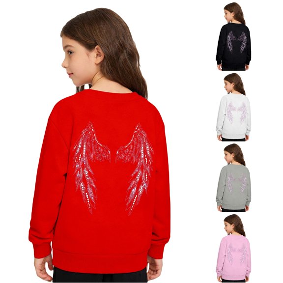 WAYUTE Girls Sweatshirt Sparkly Wing Design Kids Long Sleeve Crewneck Sweatshirt for Big Kids Layering Fall Outfits Casual Holiday,Red,Size 8-9 Y