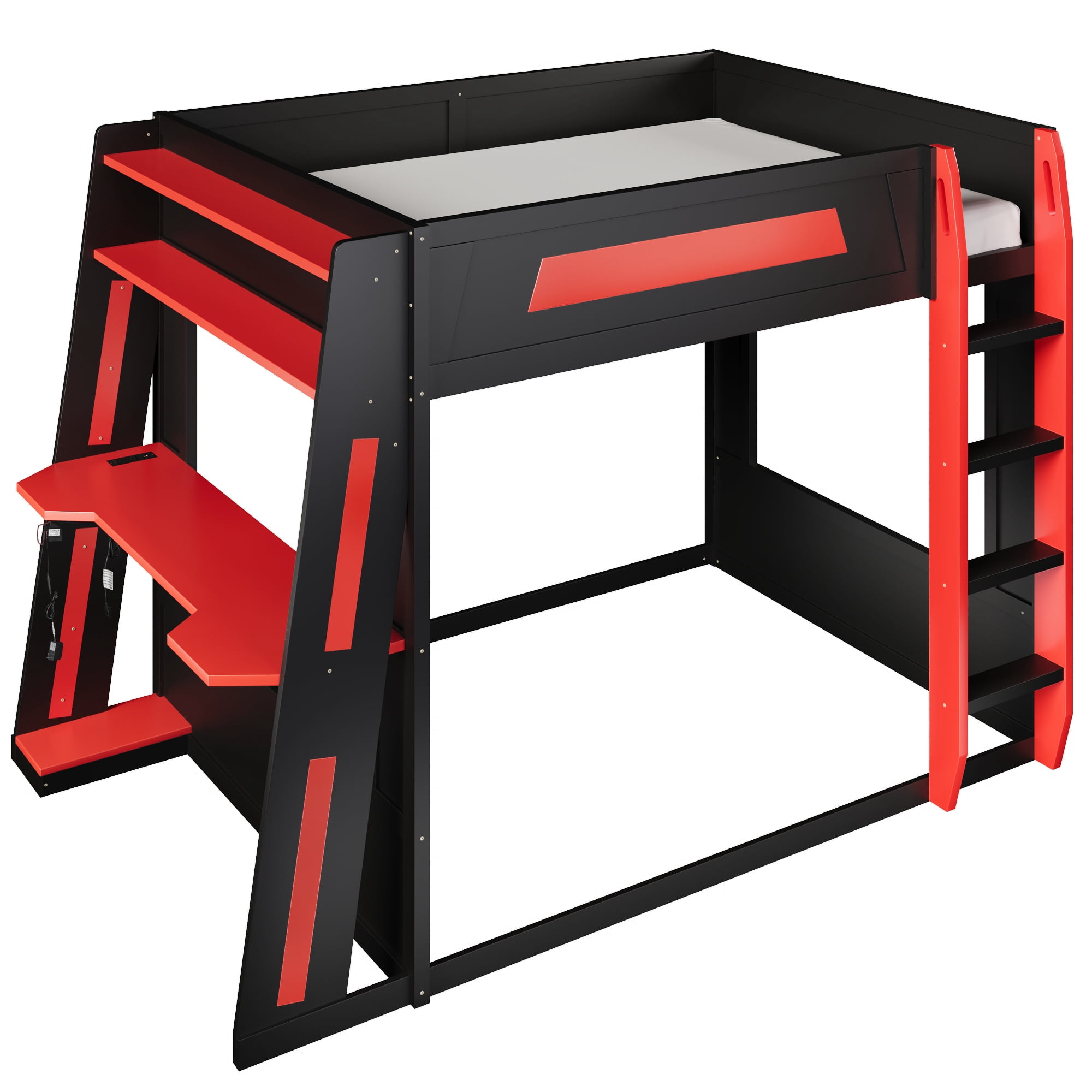 Euroco Queen Size Bunk Bed with Desk and Shelves, Gaming Bed with LED Light and USB Charging, Black & Red