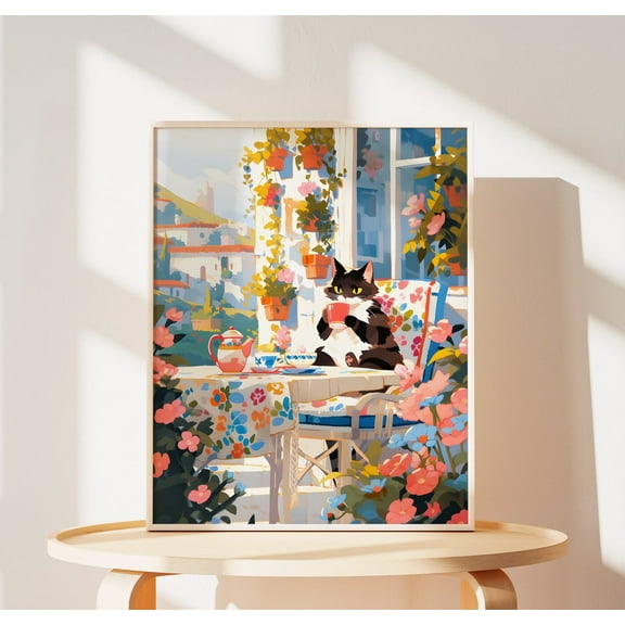 Tuxedo Cat Wall Art Cute Mediterranean Style Painting – South Europe Gift For Cat Lovers And Parents Home Decor Wall Art, Modern Wall Decor, 8x12 UNFRAMED