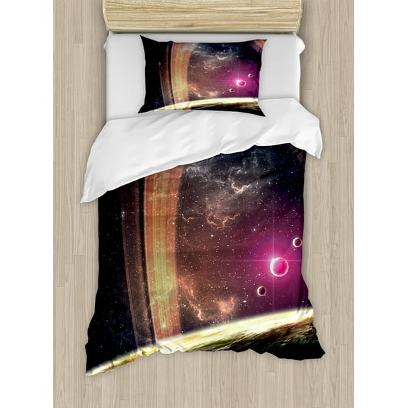 Ambesonne Galaxy Duvet Cover Set, Nabula Dust with Stars, Twin, Dark Grey Magenta