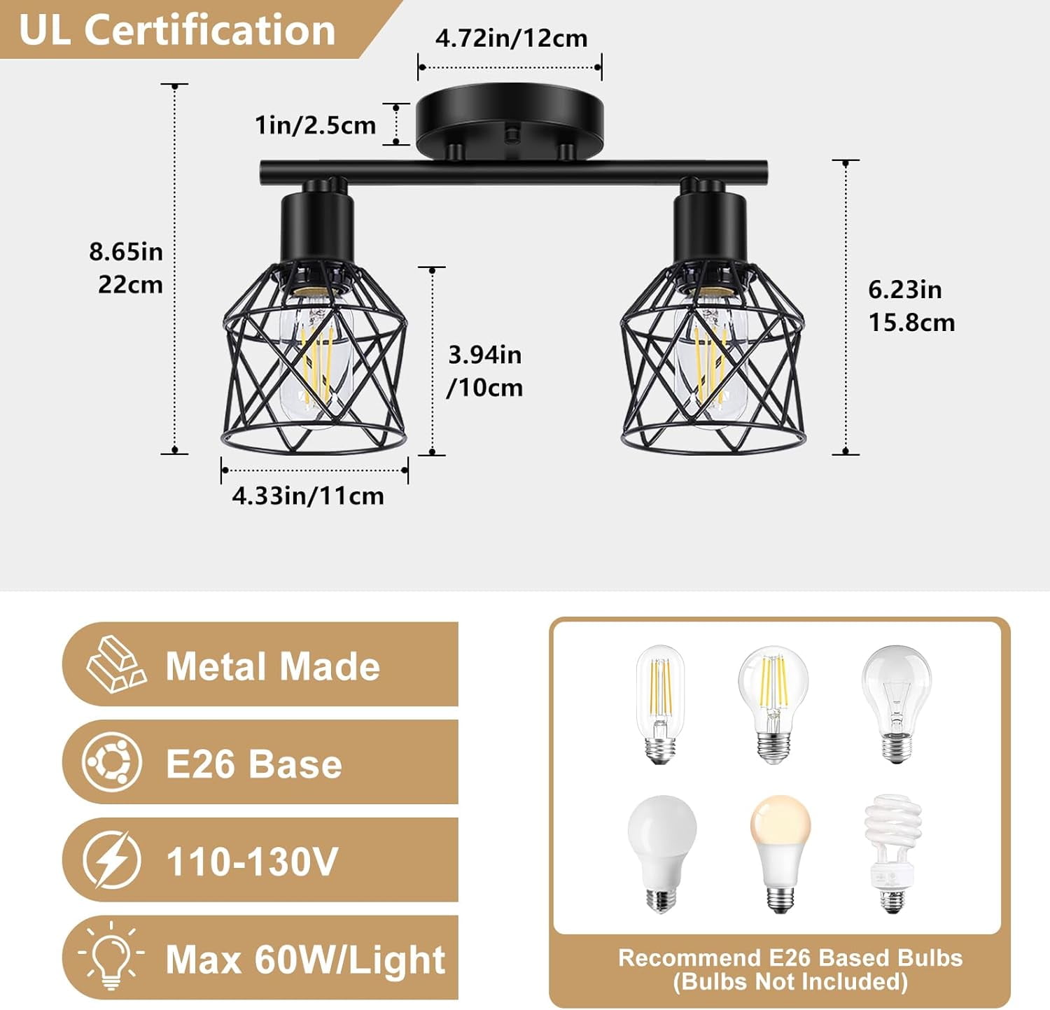 Industrial Track Lighting Kit 2 Light Modern Track Lighting Fixtures Flush Mount Ceiling Light Rotatable Light Head E26 Base Ceiling Spotlight for Kitchen Dining Room Hallway