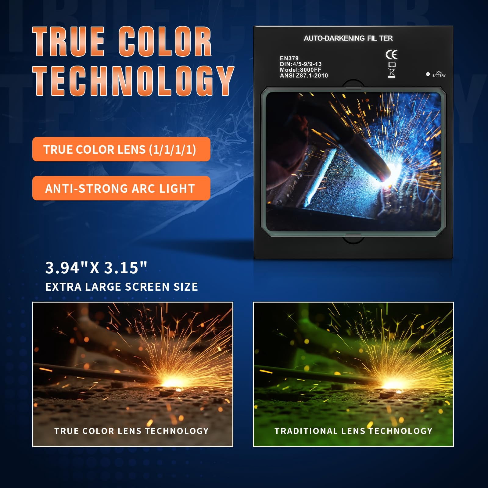 Auto Darkening Welding Lens - Welding Helmet Lens True Color Technology with 4 Arc Sensor Ajustable Shade Range 4/5-13 Automatic LCD Lens Dimming Shade Filter 4.49x5.24in Auto Welding Lens